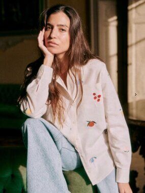 Sezane Cream Button-Down Shirt with Fruit Motif